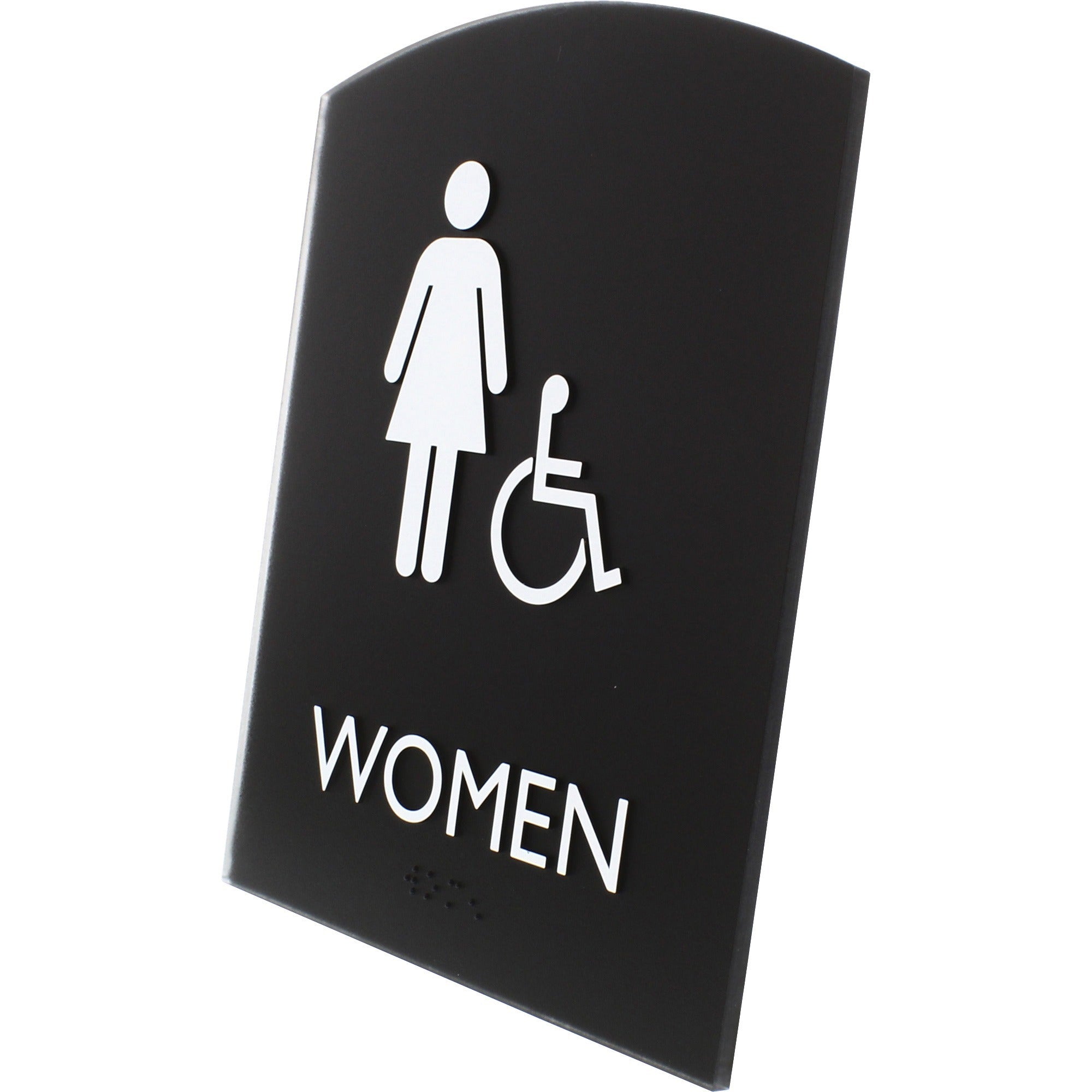 lorell-arched-womens-handicap-restroom-sign-1-each-women-print-message-68-width-x-85-height-rectangular-shape-surface-mountable-easy-readability-braille-plastic-black_llr02675 - 2
