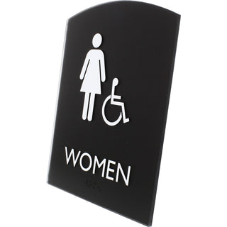 lorell-arched-womens-handicap-restroom-sign-1-each-women-print-message-68-width-x-85-height-rectangular-shape-surface-mountable-easy-readability-braille-plastic-black_llr02675 - 2