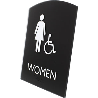 Lorell Arched Women's Handicap Restroom Sign - 1 Each - Women Print/Message - 6.8" Width x 8.5" Height - Rectangular Shape - Surface-mountable - Easy Readability, Braille - Plastic - Black