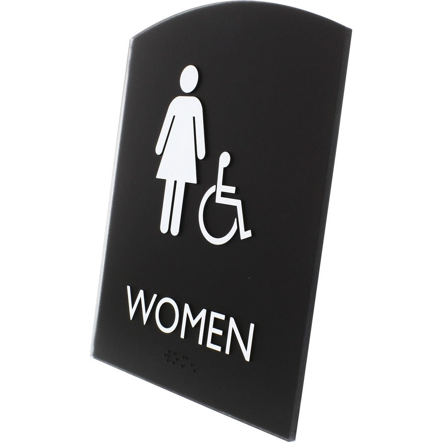 Lorell Arched Women's Handicap Restroom Sign - 1 Each - Women Print/Message - 6.8" Width x 8.5" Height - Rectangular Shape - Surface-mountable - Easy Readability, Braille - Plastic - Black