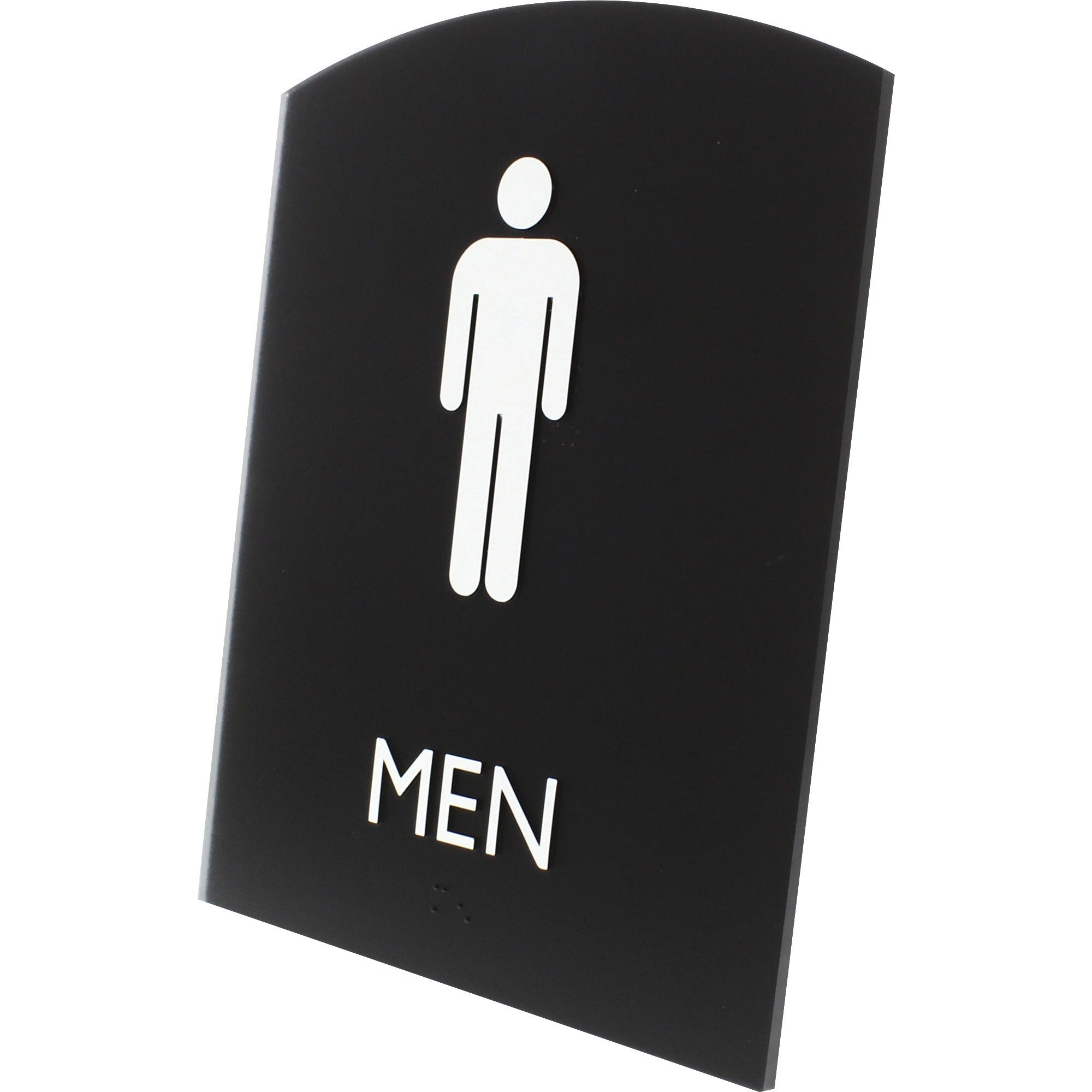 lorell-arched-mens-restroom-sign-1-each-men-print-message-68-width-x-85-height-rectangular-shape-surface-mountable-easy-readability-braille-plastic-black_llr02676 - 2