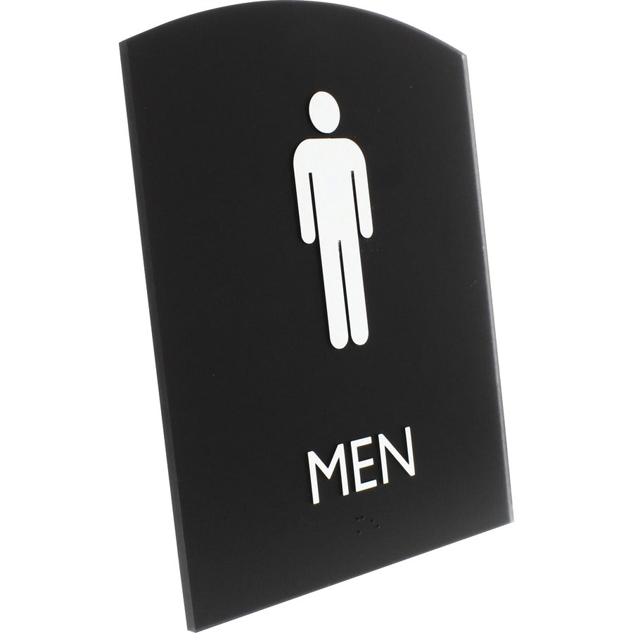 Lorell Arched Men's Restroom Sign - 1 Each - Men Print/Message - 6.8" Width x 8.5" Height - Rectangular Shape - Surface-mountable - Easy Readability, Braille - Plastic - Black