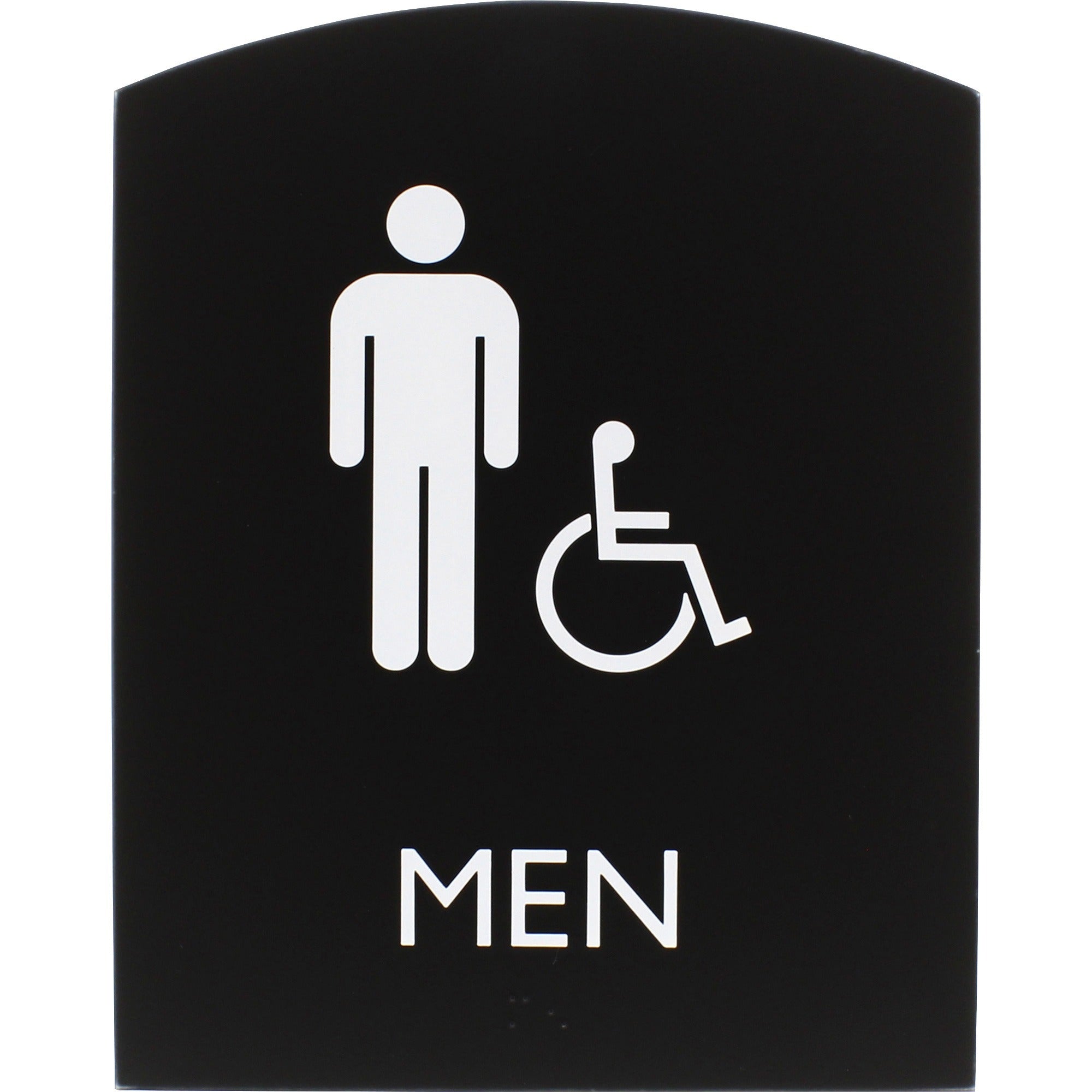 lorell-arched-mens-handicap-restroom-sign-1-each-men-print-message-68-width-x-85-height-rectangular-shape-surface-mountable-easy-readability-braille-plastic-black_llr02677 - 1