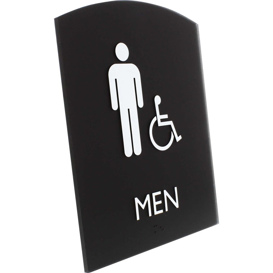 Lorell Arched Men's Handicap Restroom Sign - 1 Each - Men Print/Message - 6.8" Width x 8.5" Height - Rectangular Shape - Surface-mountable - Easy Readability, Braille - Plastic - Black
