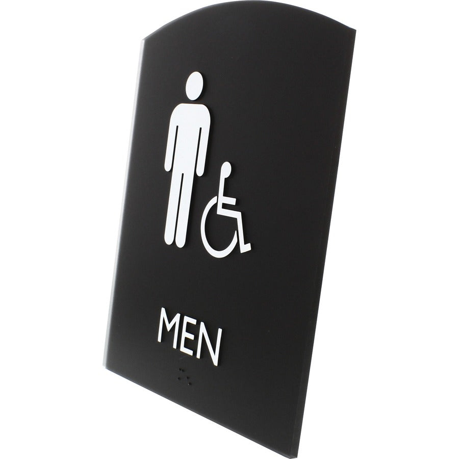 Lorell Arched Men's Handicap Restroom Sign - 1 Each - Men Print/Message - 6.8" Width x 8.5" Height - Rectangular Shape - Surface-mountable - Easy Readability, Braille - Plastic - Black
