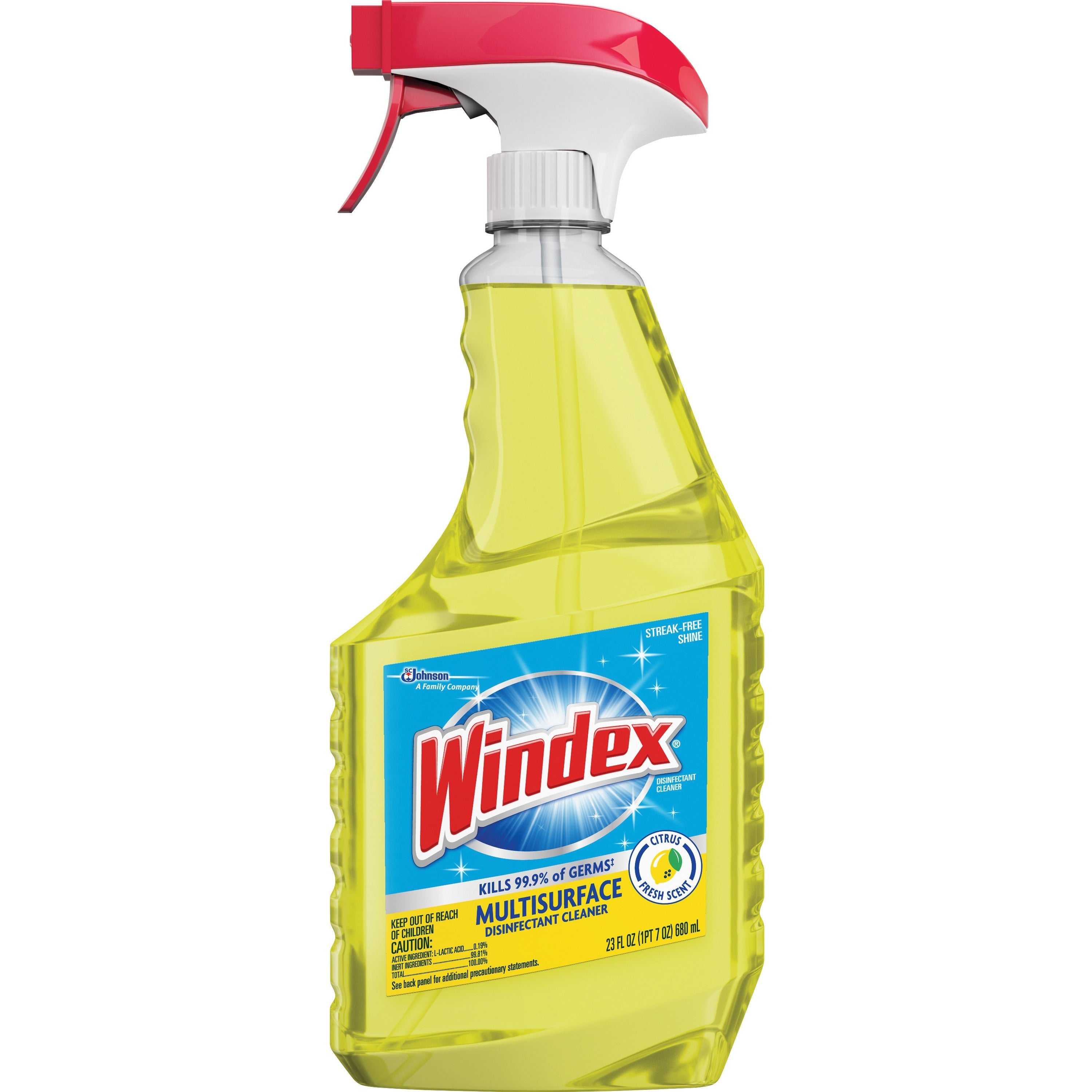 Windex MultiSurface Disinfectant Spray - Ready-To-Use - 23 fl oz (0.7 quart) - Fresh Citrus ScentBottle - 8 / Carton - Residue-free, Non-porous - Yellow