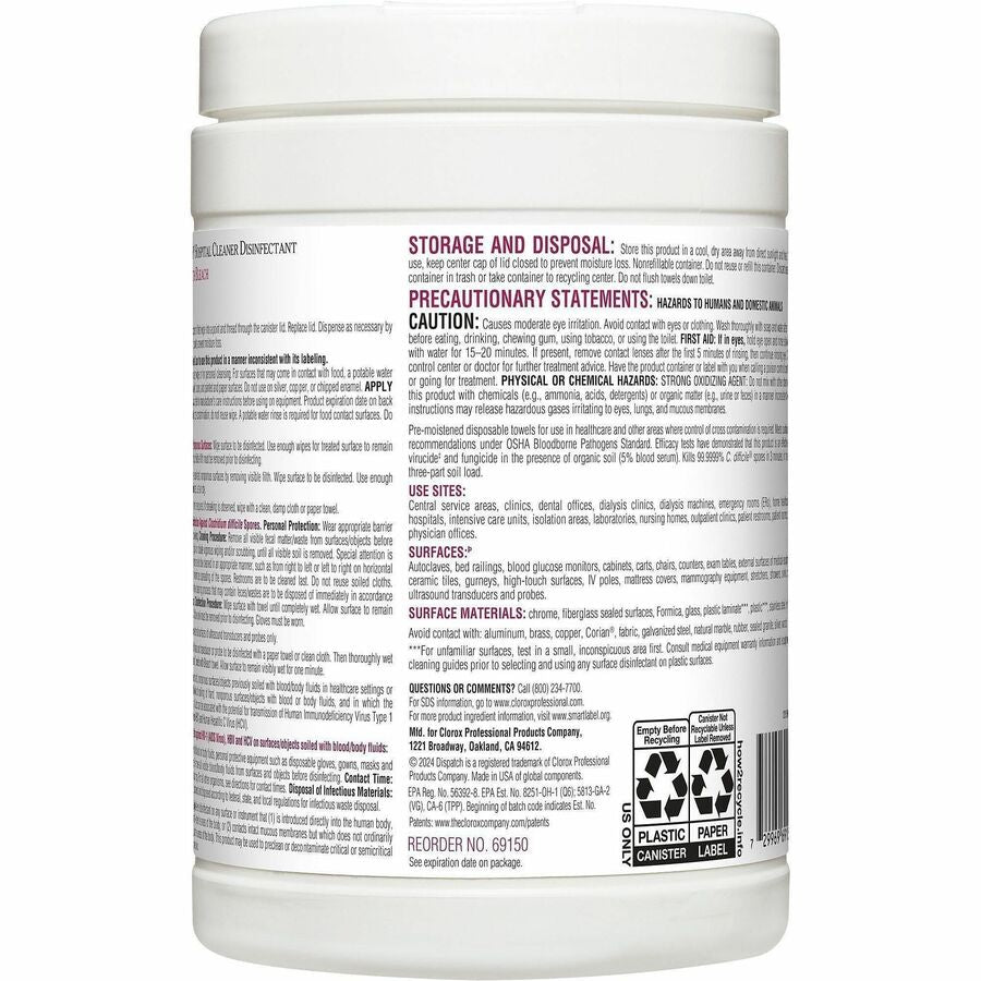 Dispatch Hospital Cleaner Disinfectant Towels with Bleach - Ready-To-Use - 32 oz (2 lb) - 8" Length x 6.75" Width - 150 / Canister - 8 / Carton - White