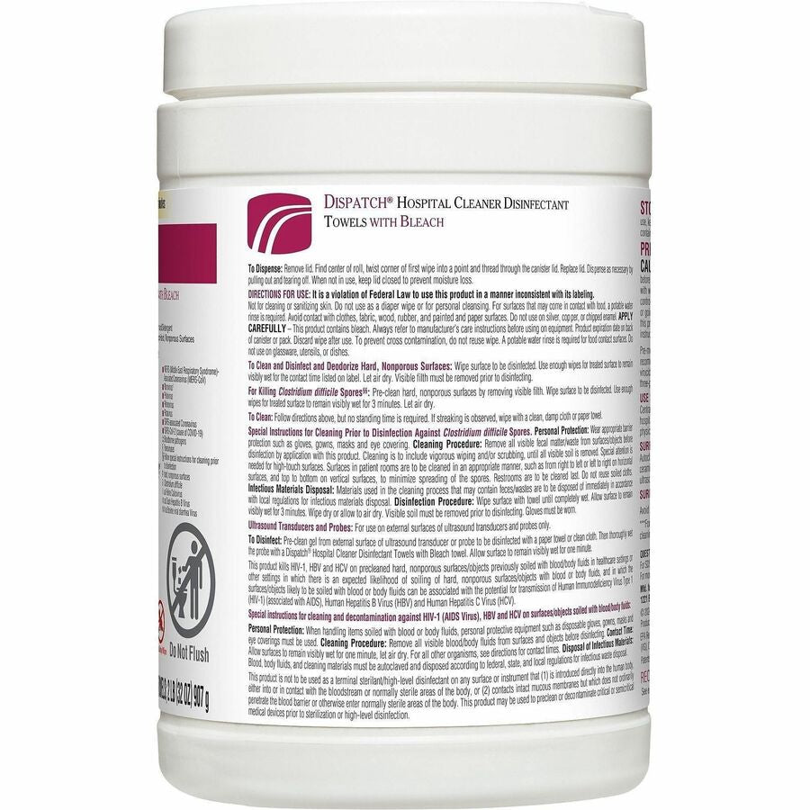 Dispatch Hospital Cleaner Disinfectant Towels with Bleach - Ready-To-Use - 32 oz (2 lb) - 8" Length x 6.75" Width - 150 / Canister - 8 / Carton - White