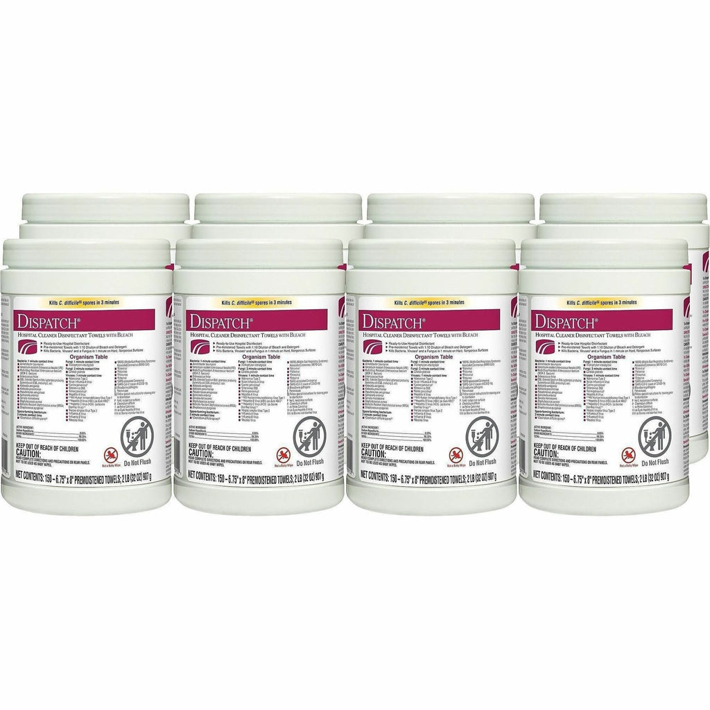 Dispatch Hospital Cleaner Disinfectant Towels with Bleach - Ready-To-Use - 32 oz (2 lb) - 8" Length x 6.75" Width - 150 / Canister - 8 / Carton - White