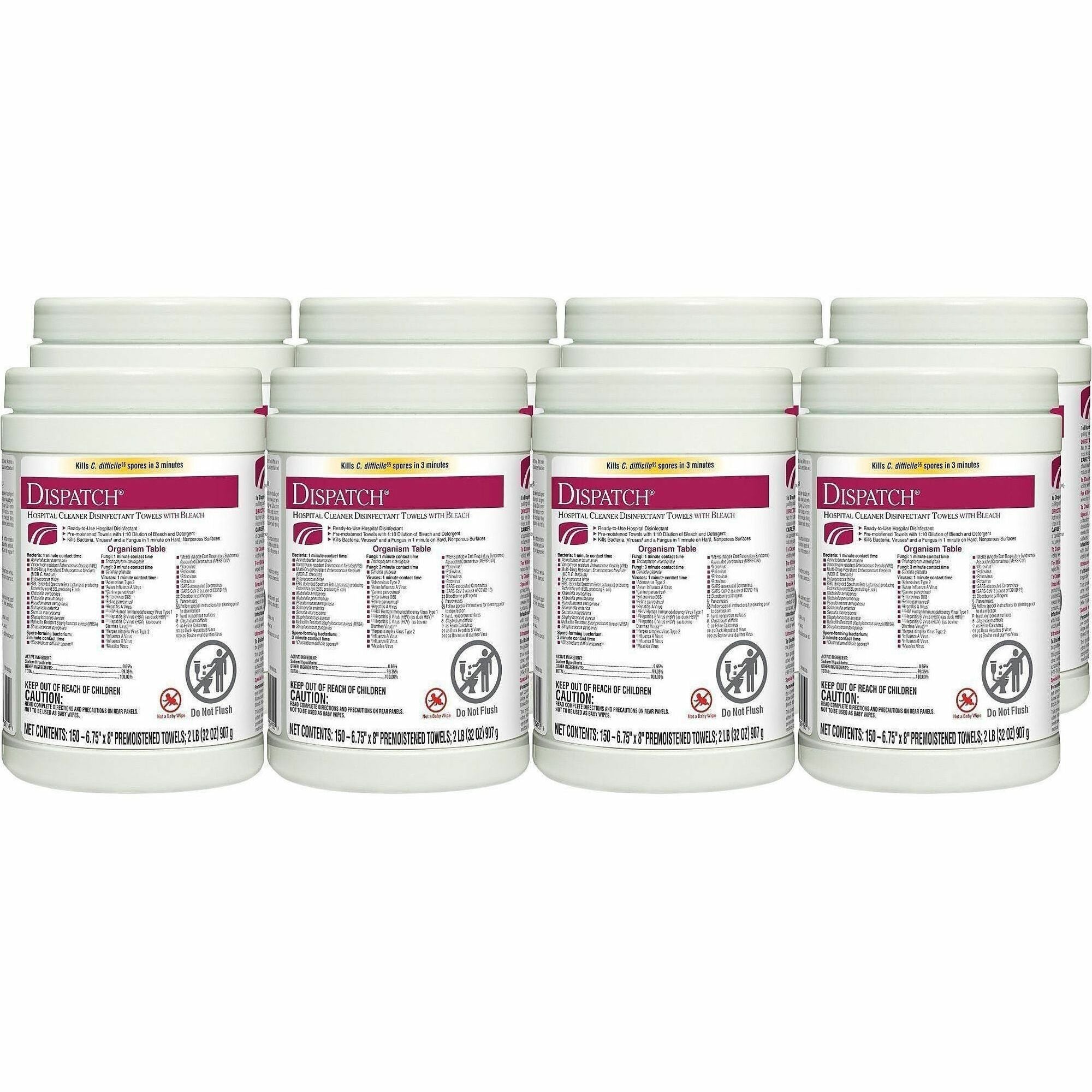 Dispatch Hospital Cleaner Disinfectant Towels with Bleach - Ready-To-Use - 32 oz (2 lb) - 8" Length x 6.75" Width - 150 / Canister - 8 / Carton - White