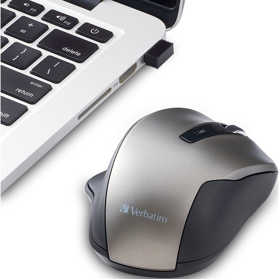 Verbatim Silent Ergonomic Wireless Blue LED Mouse - Graphite - Blue LED/Optical - Wireless - Radio Frequency - 2.40 GHz - Graphite - 1 Pack - USB - 1600 dpi - 6 Button(s)