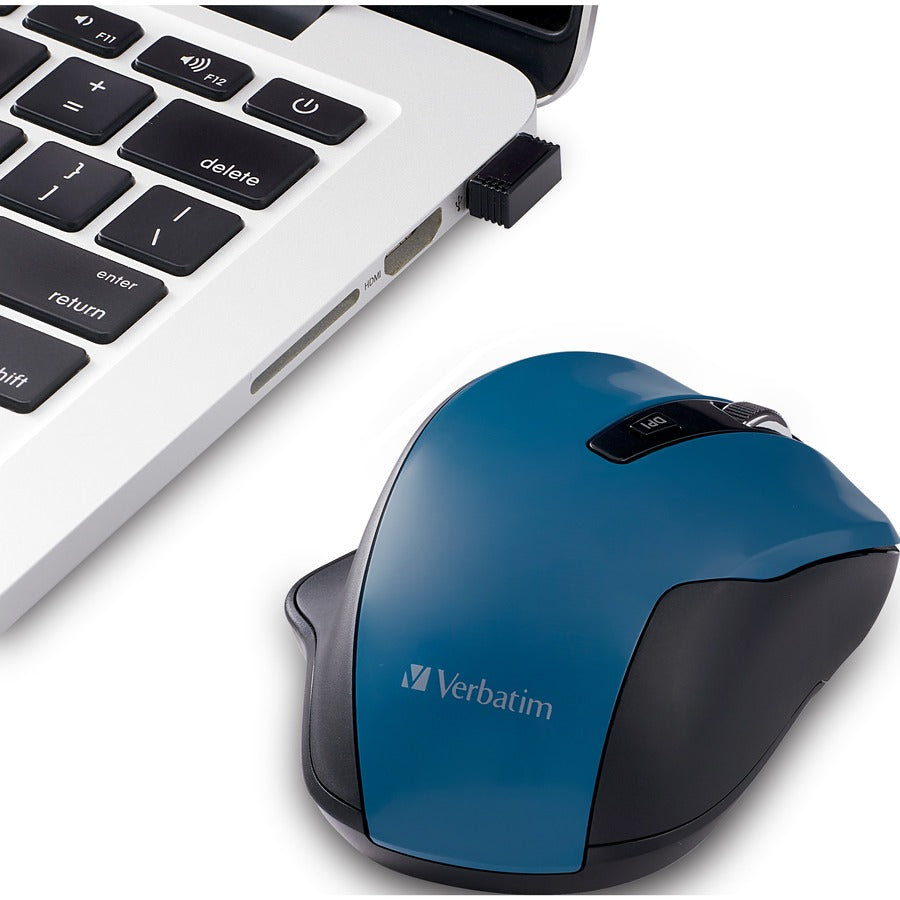 Verbatim Silent Ergonomic Wireless Blue LED Mouse - Dark Teal - Blue LED/Optical - Wireless - Radio Frequency - 2.40 GHz - Dark Teal - 1 Pack - USB - 1600 dpi - 6 Button(s)