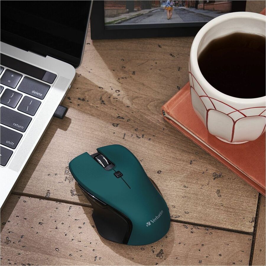 Verbatim USB-C Wireless Blue LED Mouse - Teal - Blue LED/Optical - Wireless - Radio Frequency - 2.40 GHz - Teal - 1 Pack - USB Type C - 1600 dpi - 6 Button(s)