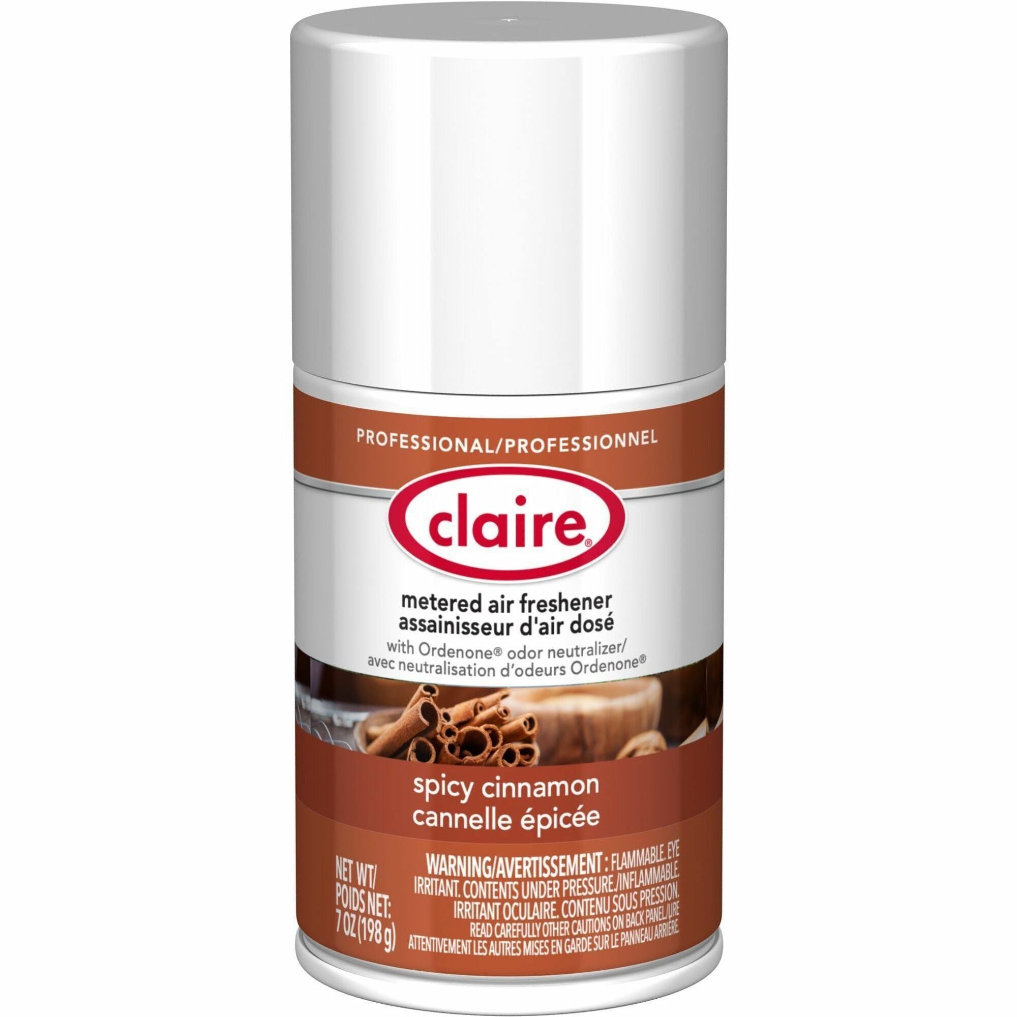 Claire Spicy Cinnamon Metered Air Freshener - Aerosol - 330 Sq. ft. - 10 fl oz (0.3 quart) - Spicy Cinnamon - 30 Day - 12 / Pack