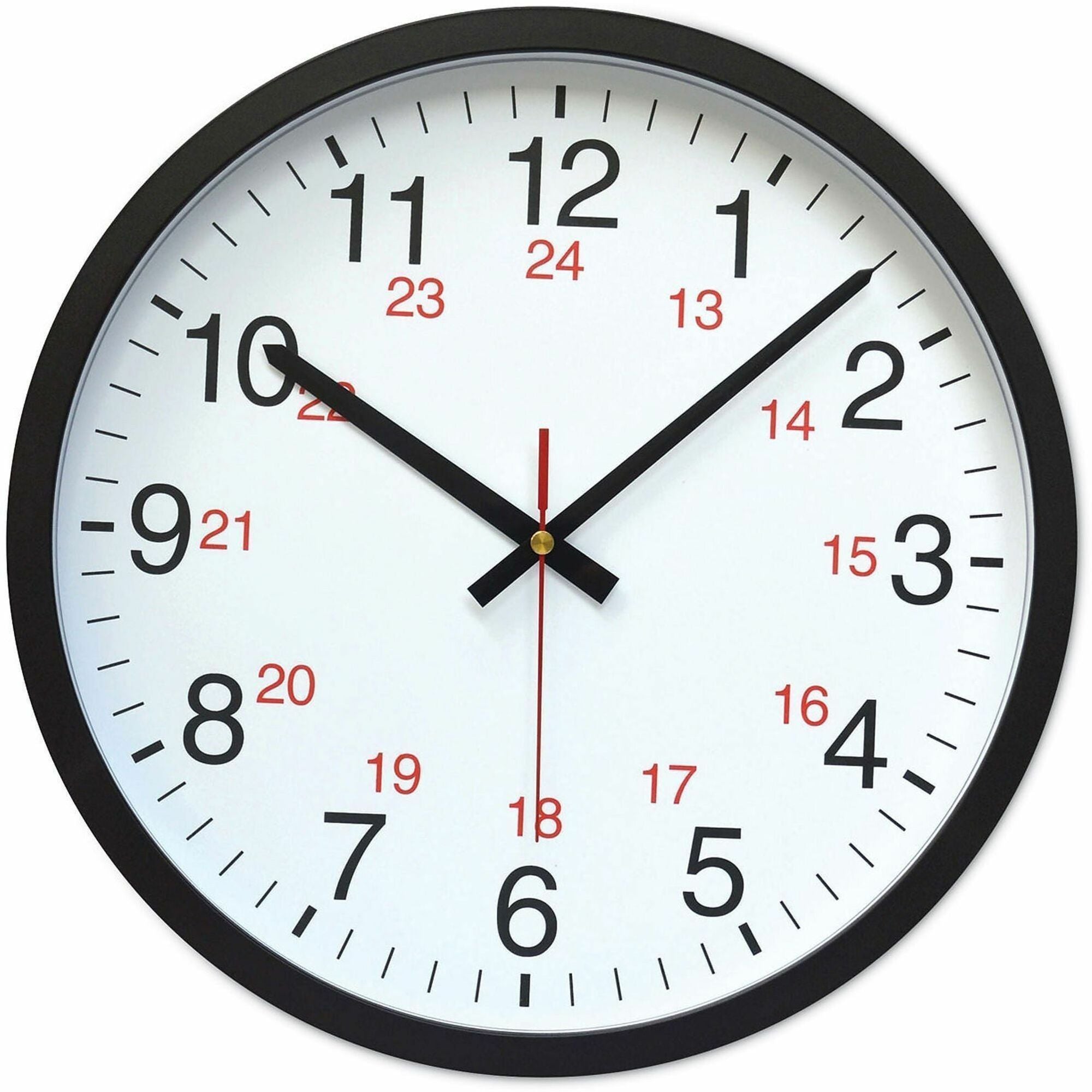 24-Hour Round Wall Clock, 12.63" Overall Diameter, Black Case, 1 AA (sold separately)