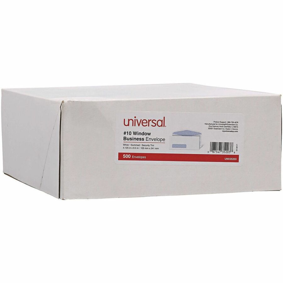 Open-Side Security Tint Business Envelope, 1 Window, #10, Commercial Flap, Gummed Closure, 4.13 x 9.5, White, 500/Box