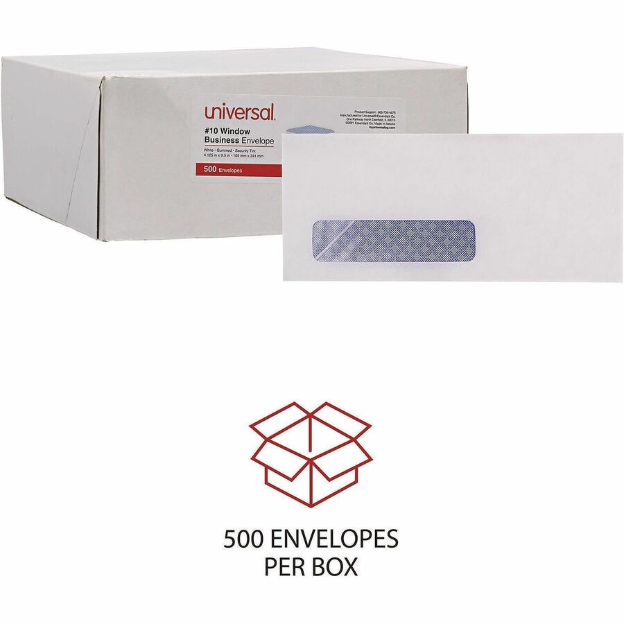 Open-Side Security Tint Business Envelope, 1 Window, #10, Commercial Flap, Gummed Closure, 4.13 x 9.5, White, 500/Box