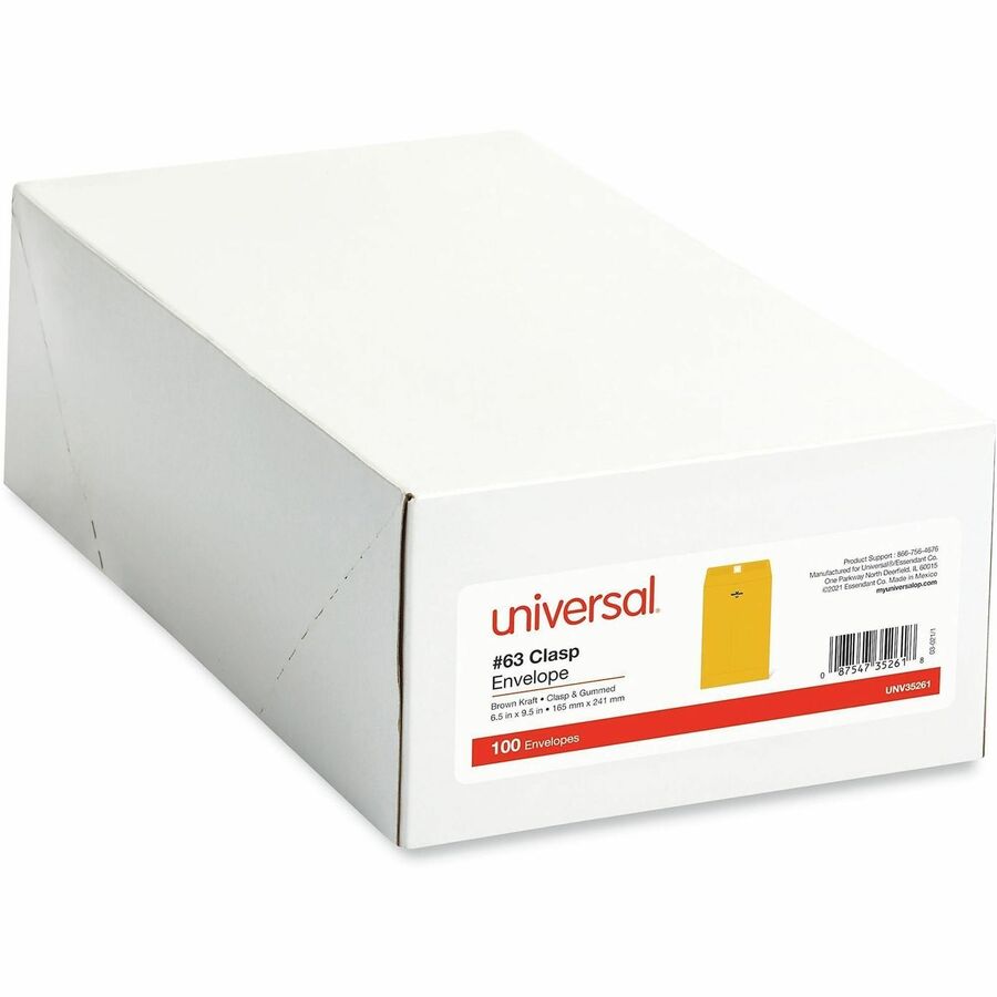 Kraft Clasp Envelope, #63, Square Flap, Clasp/Gummed Closure, 6.5 x 9.5, Brown Kraft, 100/Box