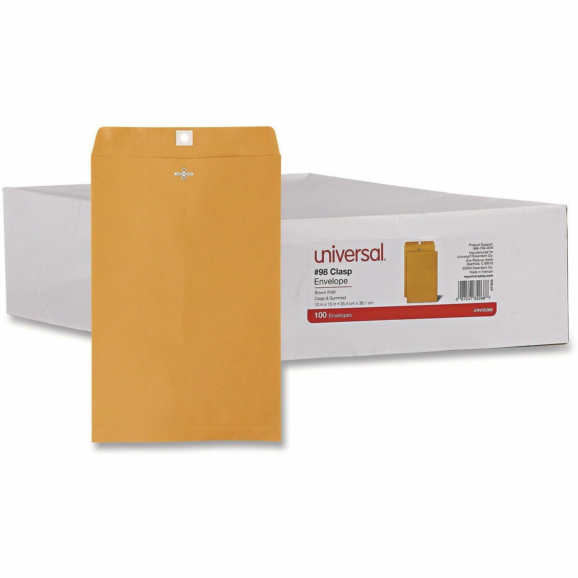 Kraft Clasp Envelope, #98, Square Flap, Clasp/Gummed Closure, 10 x 15, Brown Kraft, 100/Box