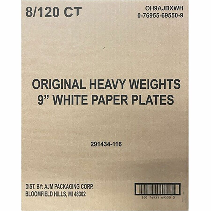 AJM 9" Original Heavyweight Plates - 120 / Pack - Serving, Reheating - Disposable - Microwave Safe - White - Paper Body - 8 / Carton