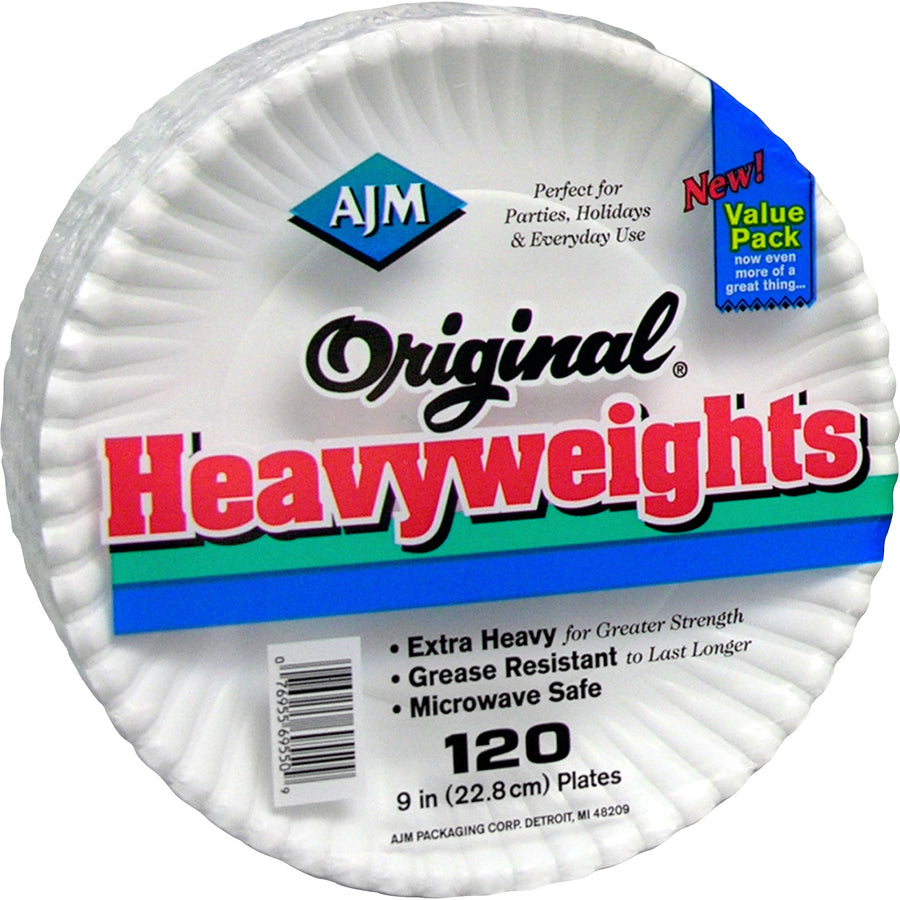 AJM 9" Original Heavyweight Plates - 120 / Pack - Serving, Reheating - Disposable - Microwave Safe - White - Paper Body - 8 / Carton - 2