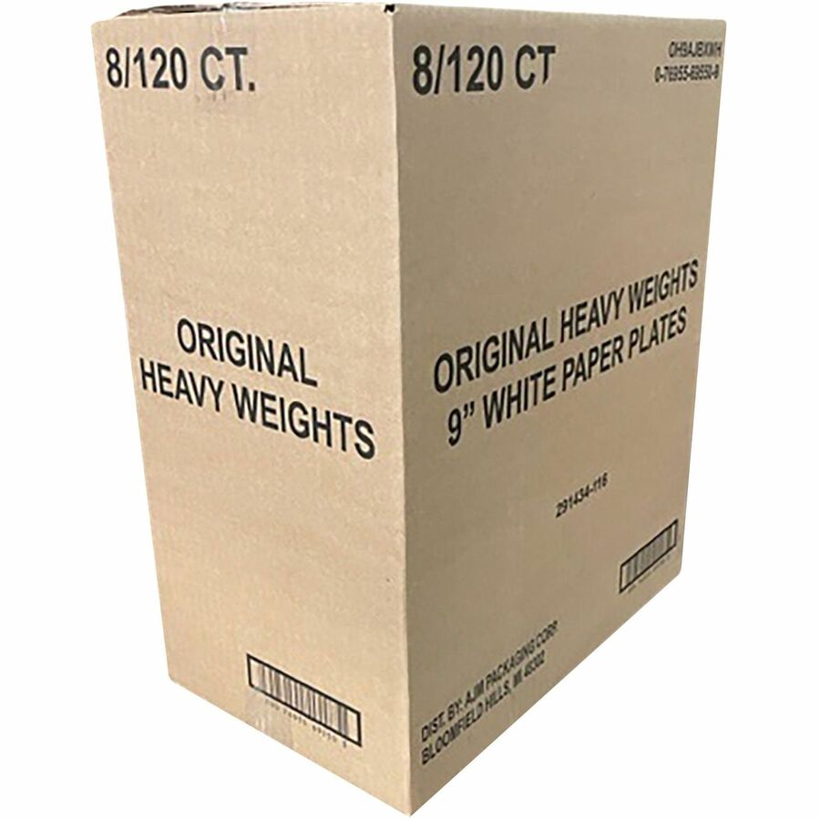 AJM 9" Original Heavyweight Plates - 120 / Pack - Serving, Reheating - Disposable - Microwave Safe - White - Paper Body - 8 / Carton
