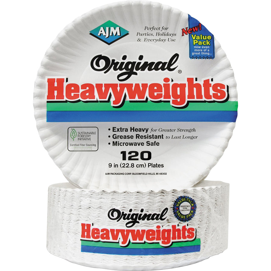 AJM 9" Original Heavyweight Plates - 120 / Pack - Serving, Reheating - Disposable - Microwave Safe - White - Paper Body - 8 / Carton - 3