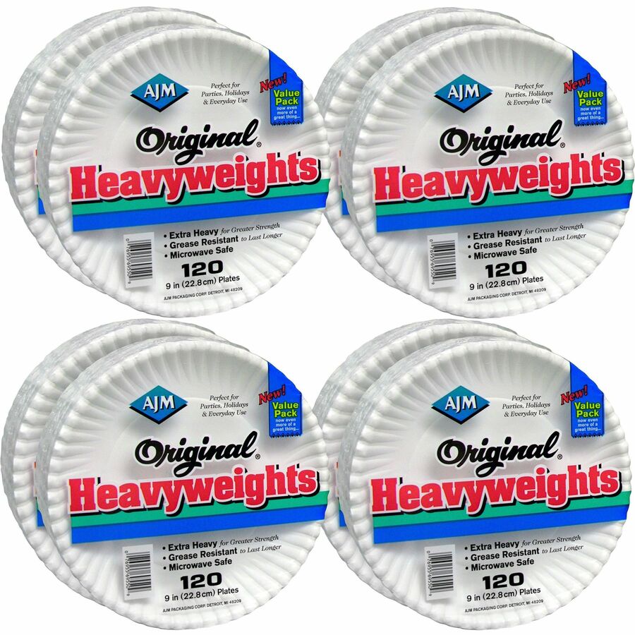 AJM 9" Original Heavyweight Plates - 120 / Pack - Serving, Reheating - Disposable - Microwave Safe - White - Paper Body - 8 / Carton - 4