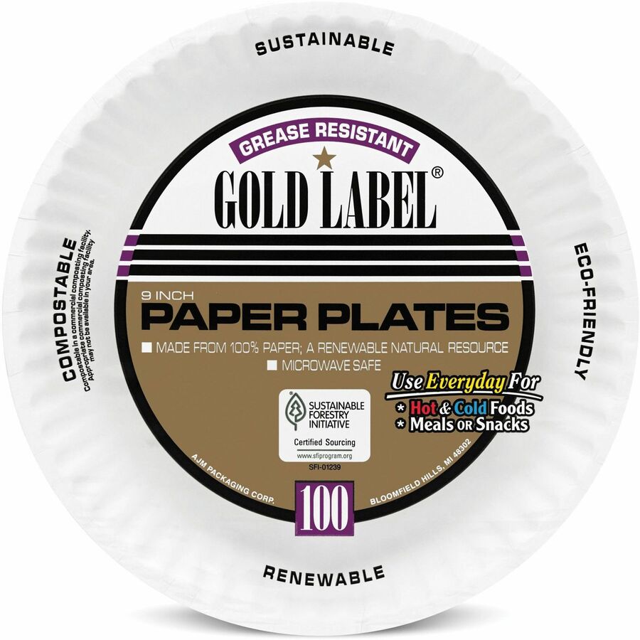 AJM 9" Dinnerware Paper Plates - 100 / Pack - Serving - Disposable - Microwave Safe - White - Paper Body - 10 / Carton