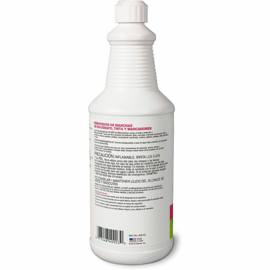 Mtsenbcker's Lift Off Pen/Ink/Marker Stain Remover - 32 fl oz (1 quart) - 6 / Carton - Environmentally Friendly, Water Based, Color Safe - White