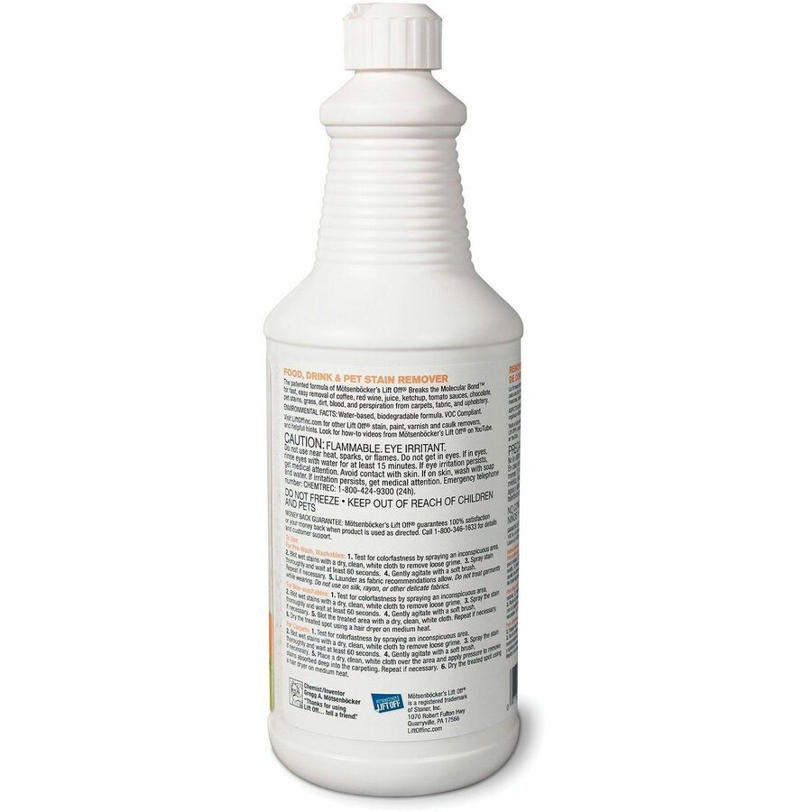 Mtsenbcker's Lift Off Food/Drink/Pet Stain Remover - 32 fl oz (1 quart)Bottle - 6 / Carton - Environmentally Friendly - White