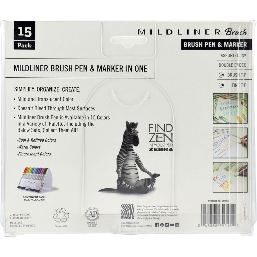 Zebra MILDLINER Dual Ended Brush Pen & Marker Set - Medium Pen Point - Fine Marker Point - Brush Pen Point Style - Bullet Marker Point Style - Assorted Pigment-based Ink - White Barrel - 15 / Pack