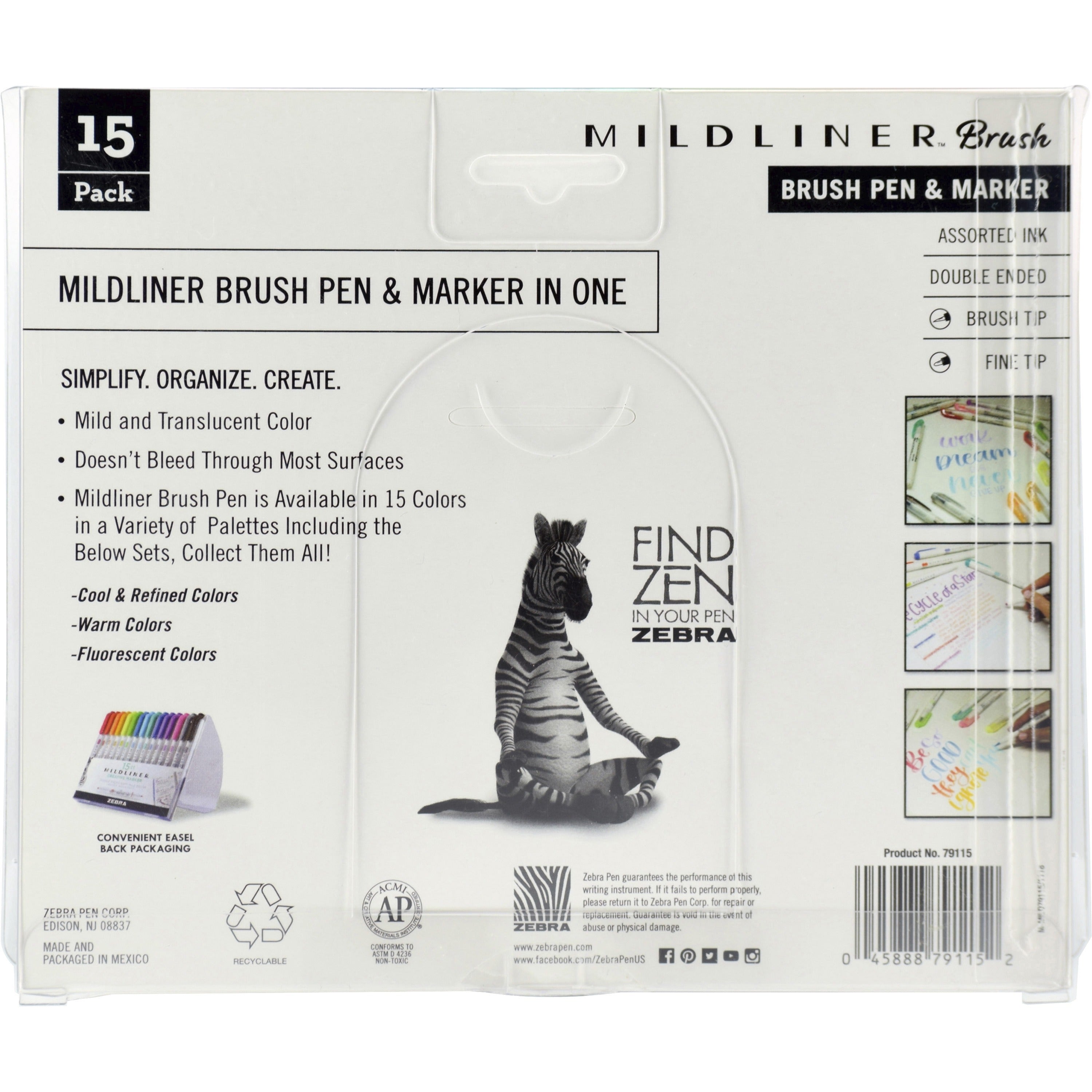 zebra-mildliner-dual-ended-brush-pen-&-marker-set-medium-pen-point-fine-marker-point-brush-pen-point-style-bullet-marker-point-style-assorted-pigment-based-ink-white-barrel-15-pack_zeb79115 - 2