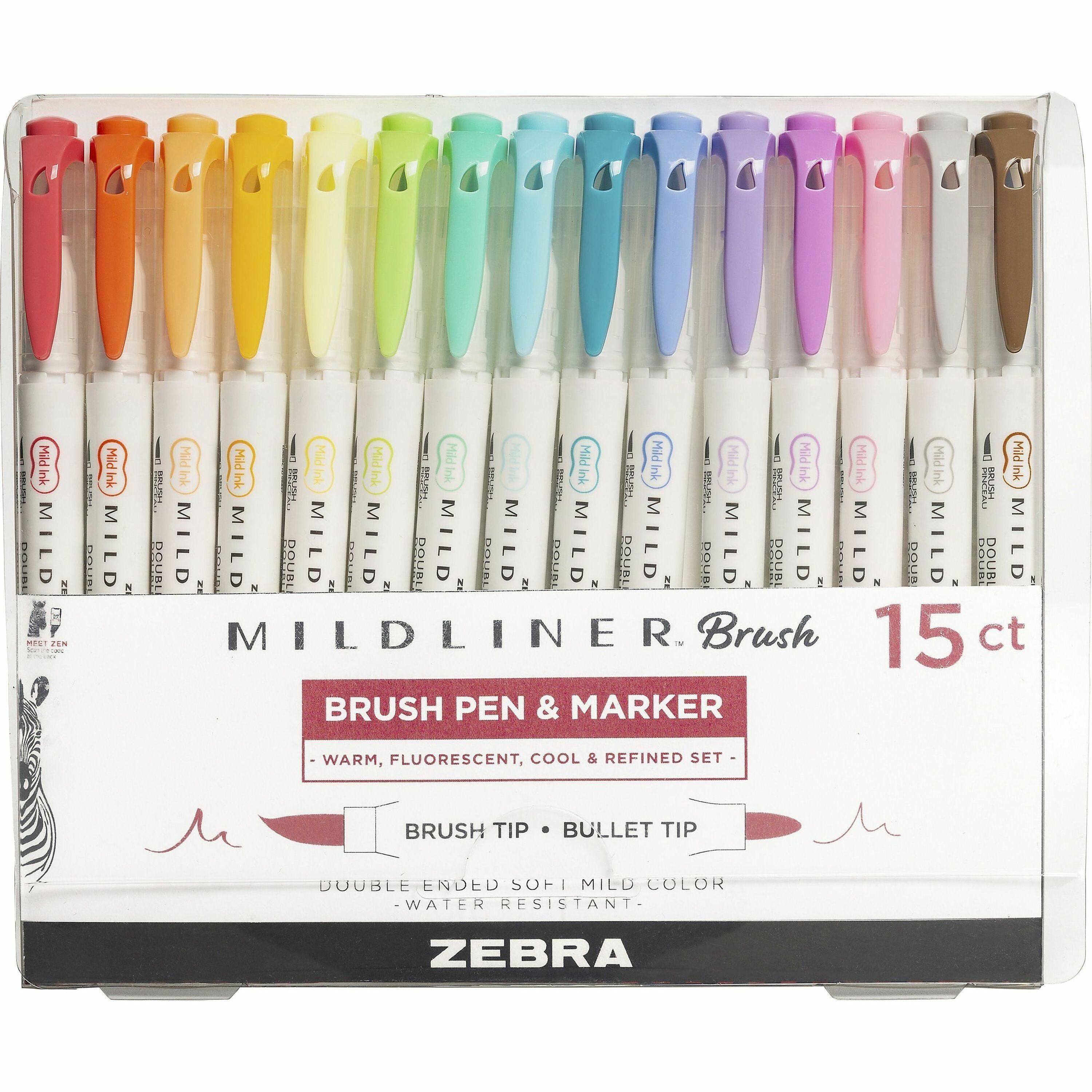 zebra-mildliner-dual-ended-brush-pen-&-marker-set-medium-pen-point-fine-marker-point-brush-pen-point-style-bullet-marker-point-style-assorted-pigment-based-ink-white-barrel-15-pack_zeb79115 - 1