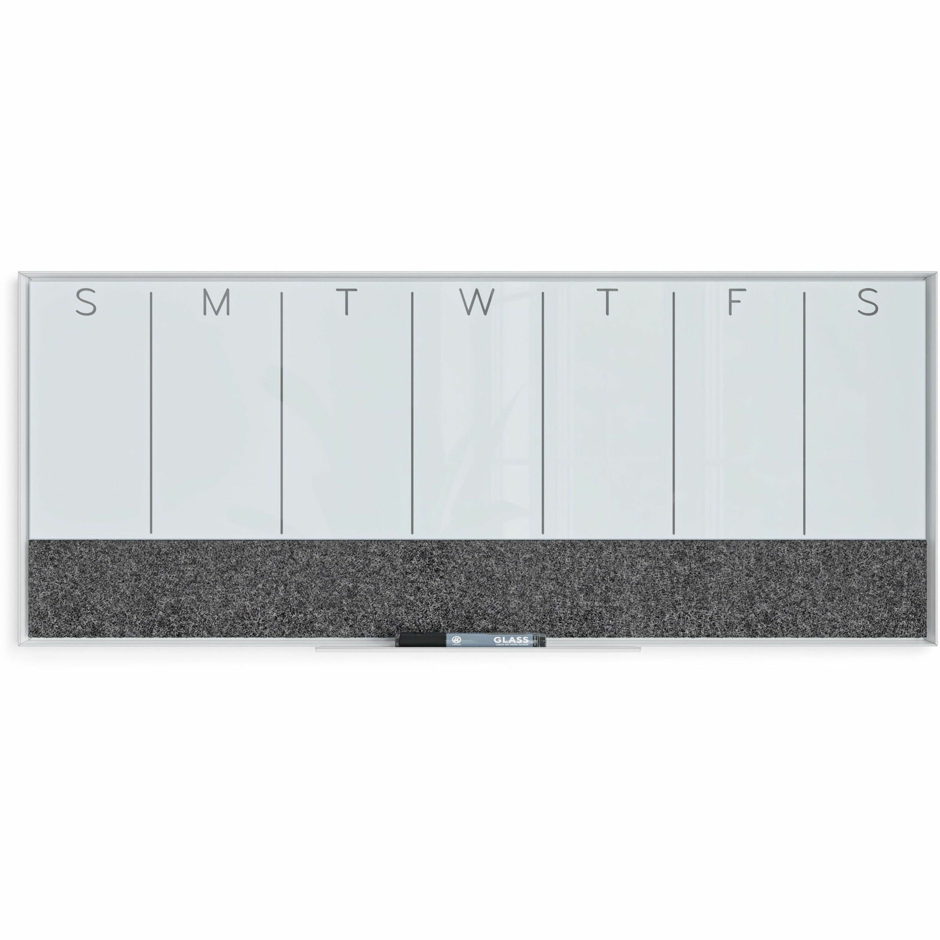 3N1 Magnetic Glass Dry Erase Combo Board, Weekly Calendar, 36 x 15.25, Gray/White Surface, White Aluminum Frame