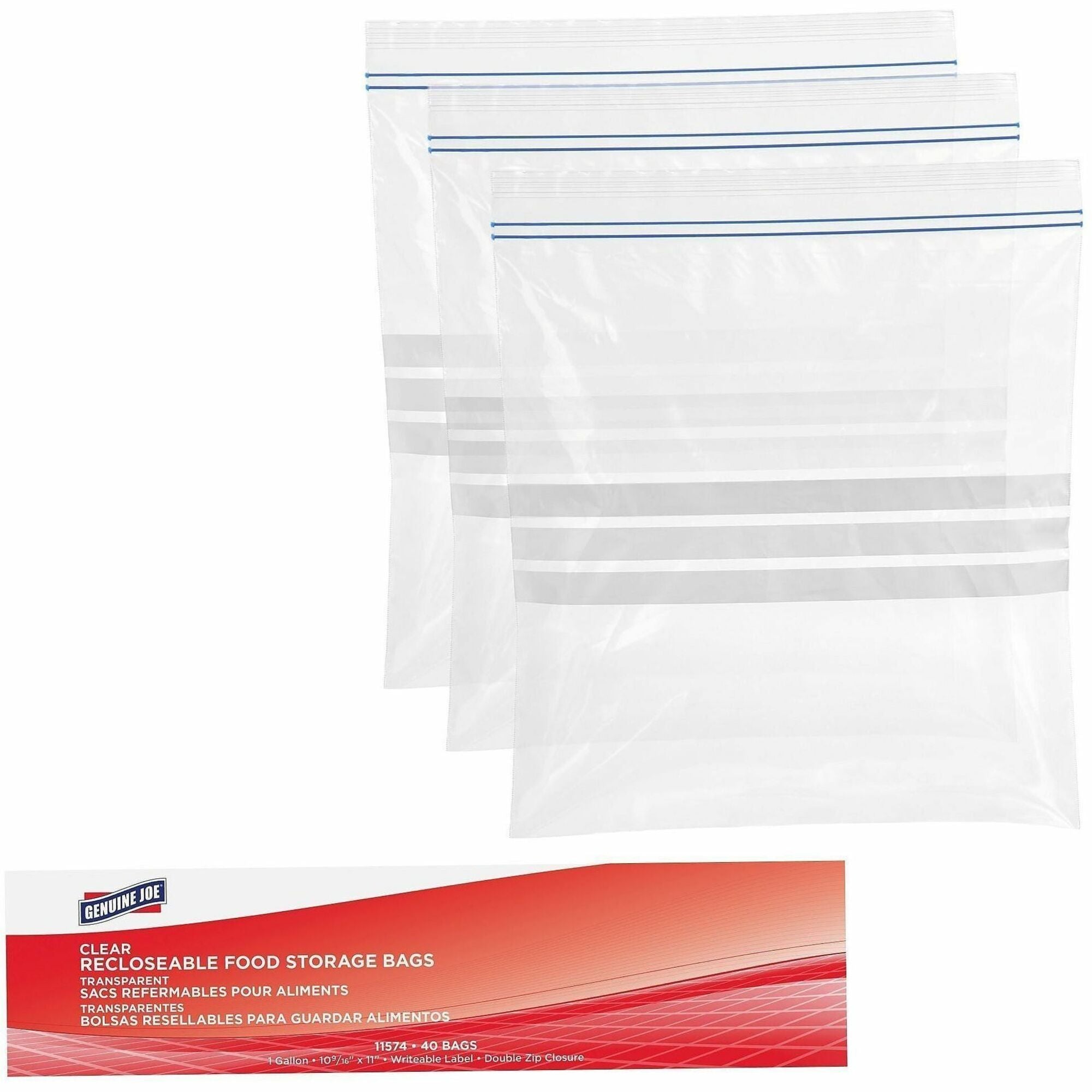 Genuine Joe Food Storage Bags - 1 gal Capacity - 10.56" Width x 11" Length - 1.75 mil (44 Micron) Thickness - Zipper Closure - Clear - 9/Carton - 40 Per Box - Food, Beef, Poultry, Vegetables, Seafood