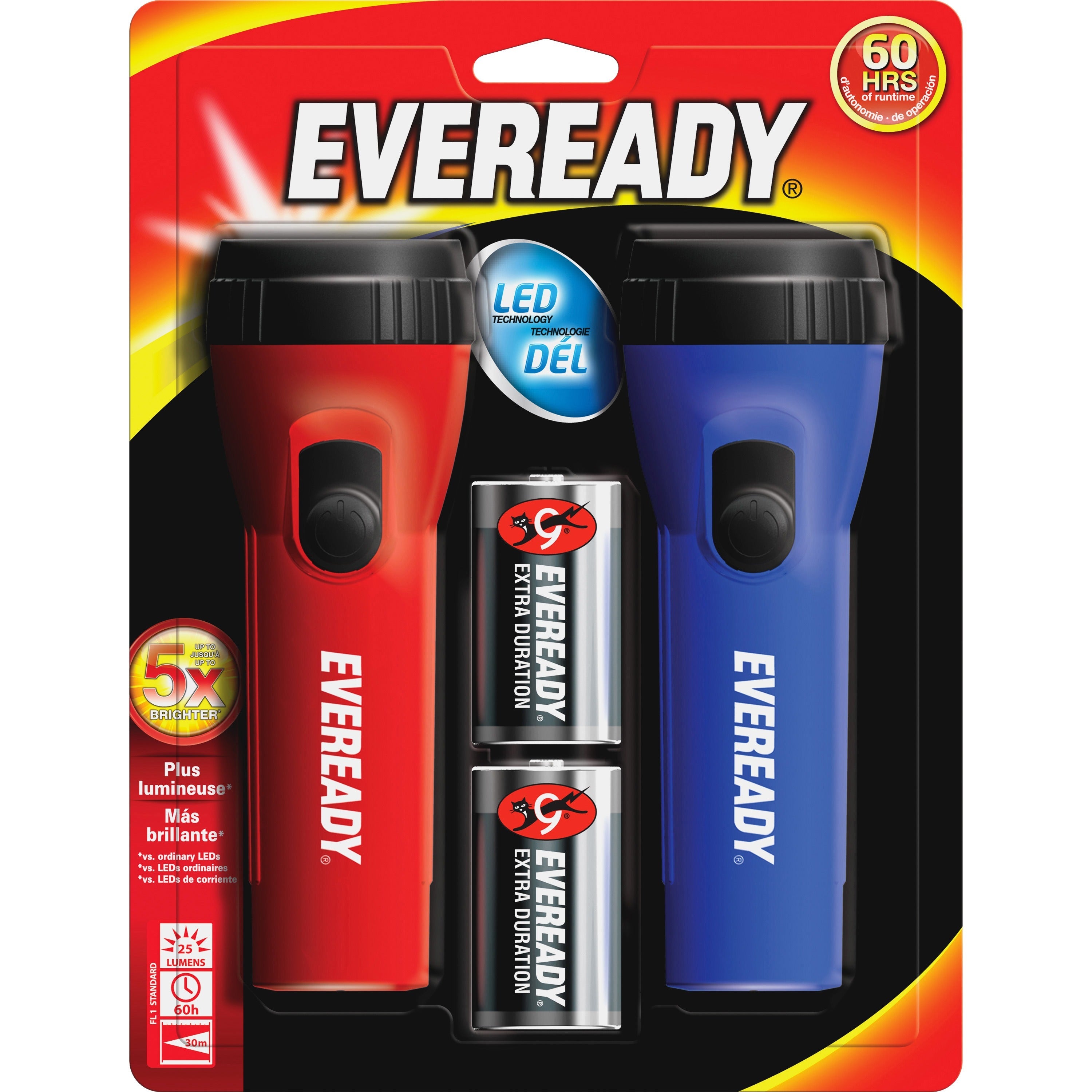 Eveready LED Economy Flashlight - LED - 9 lm Lumen - 1 x D - Alkaline - Battery - Polypropylene - Blue, Red
