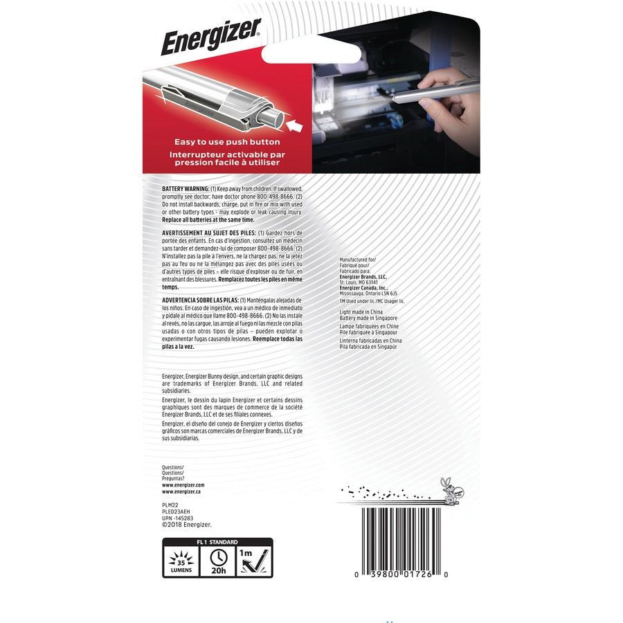 Energizer LED Pen Light - LED - Bulb - 1 W - 6 lm Lumen - 2 x AAA - Battery - Stainless Steel - Drop Resistant - Silver