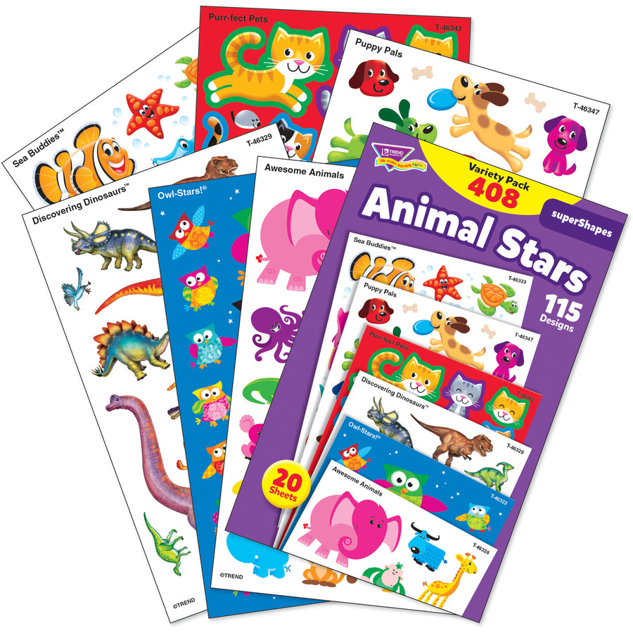 trend-animal-fun-stickers-variety-pack-fun-animal-theme-subject-sea-buddies-owl-stars-puppy-pals-shape-photo-safe-non-toxic-acid-free-8-height-x-413-width-x-663-length-multicolor-408-pack_tep46928 - 2