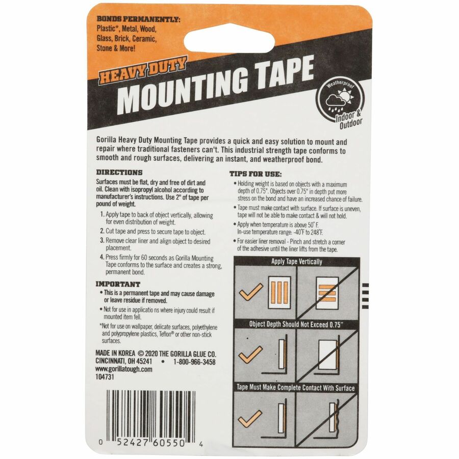 Heavy Duty Mounting Tape, Permanent, Holds Up to 30 lbs, 1" x 60", Black