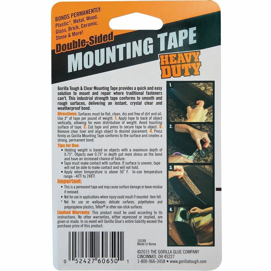 Heavy Duty Mounting Tape, Permanent, Holds Up to 30 lbs, 1" x 60", Black