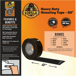 Heavy Duty Mounting Tape, Permanent, Holds Up to 30 lbs, 1" x 60", Black