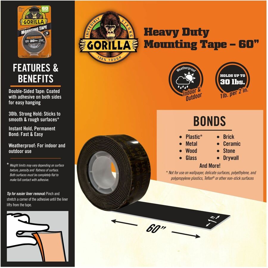 Heavy Duty Mounting Tape, Permanent, Holds Up to 30 lbs, 1" x 60", Black