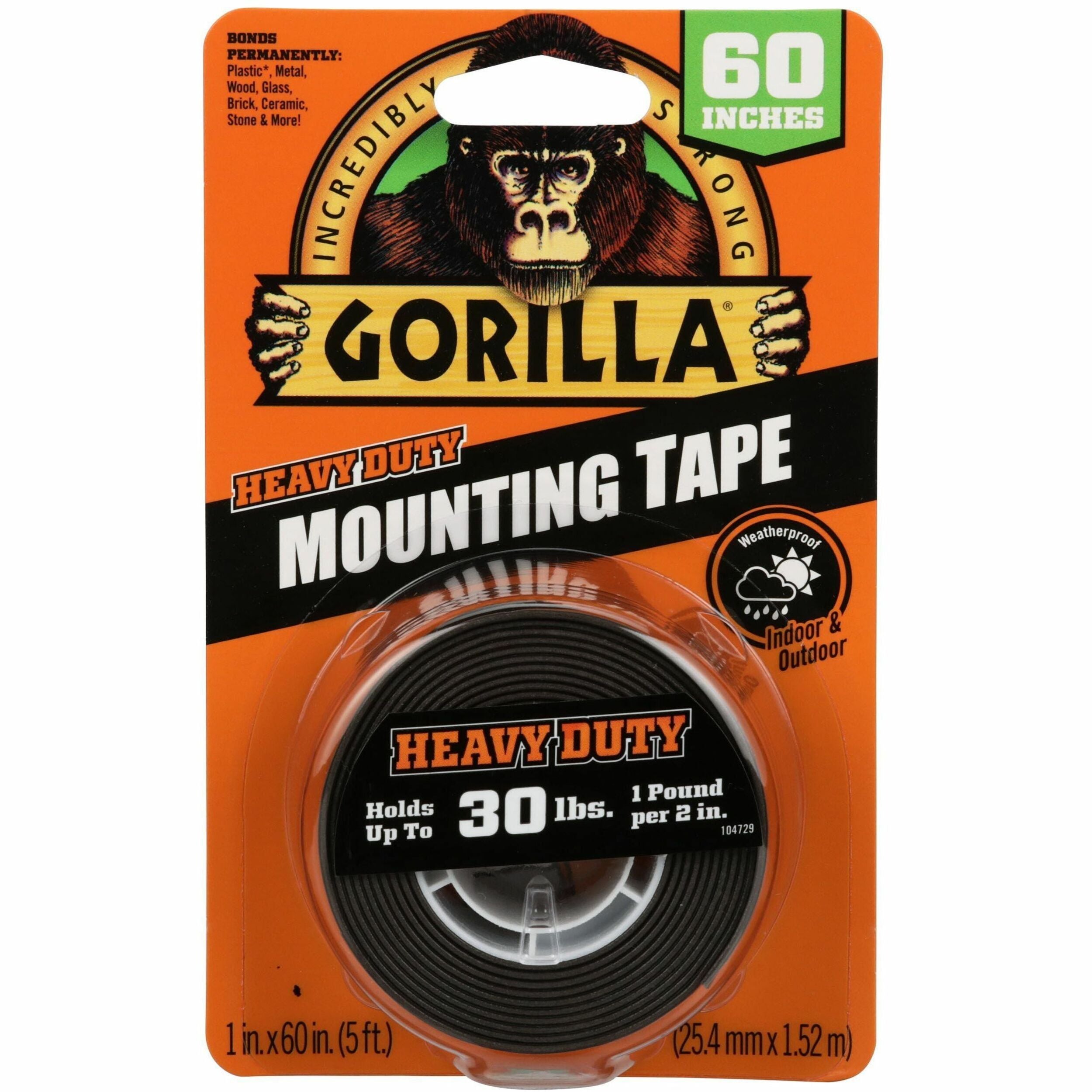 Heavy Duty Mounting Tape, Permanent, Holds Up to 30 lbs, 1" x 60", Black