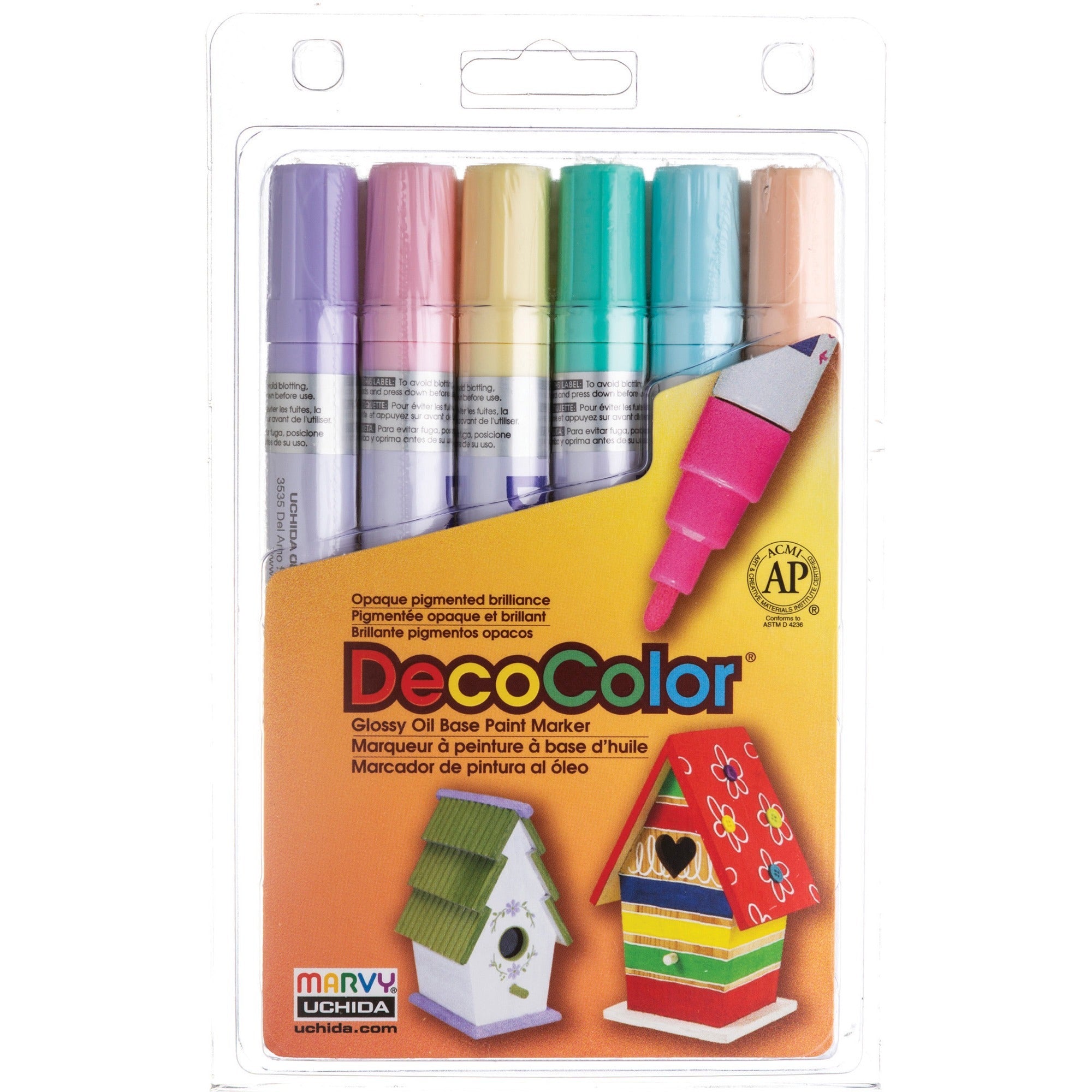 marvy-decocolor-glossy-oil-base-paint-markers-broad-marker-point-pale-violet-cream-yellow-pale-blue-pastel-peach-peppermint-blush-pink-oil-based-pigment-based-ink-6-set_uch3006b - 1