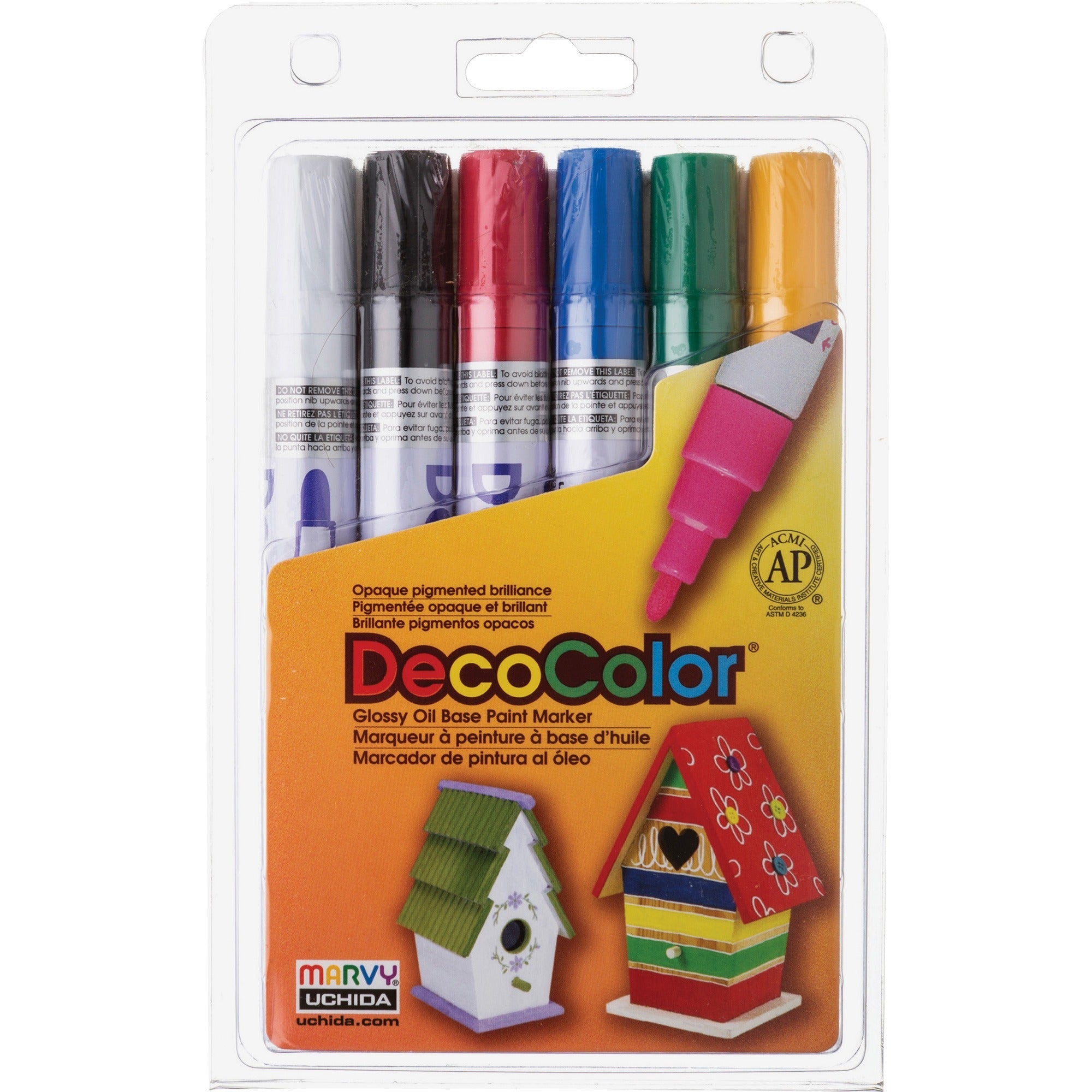 marvy-decocolor-glossy-oil-base-paint-markers-broad-marker-point-white-black-red-blue-green-yellow-oil-based-pigment-based-ink-6-set_uch3006a - 1