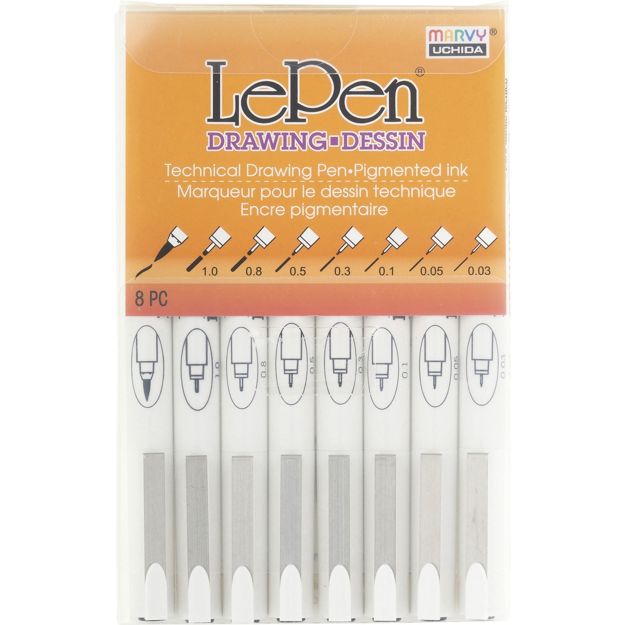 marvy-lepen-technical-drawing-pen-set-008-mm-05-mm-01-mm-005-mm-003-mm-1-mm-03-mm-pen-point-size-brush-pen-point-style-black-water-based-pigment-based-ink-8-pack_uch41008a - 1