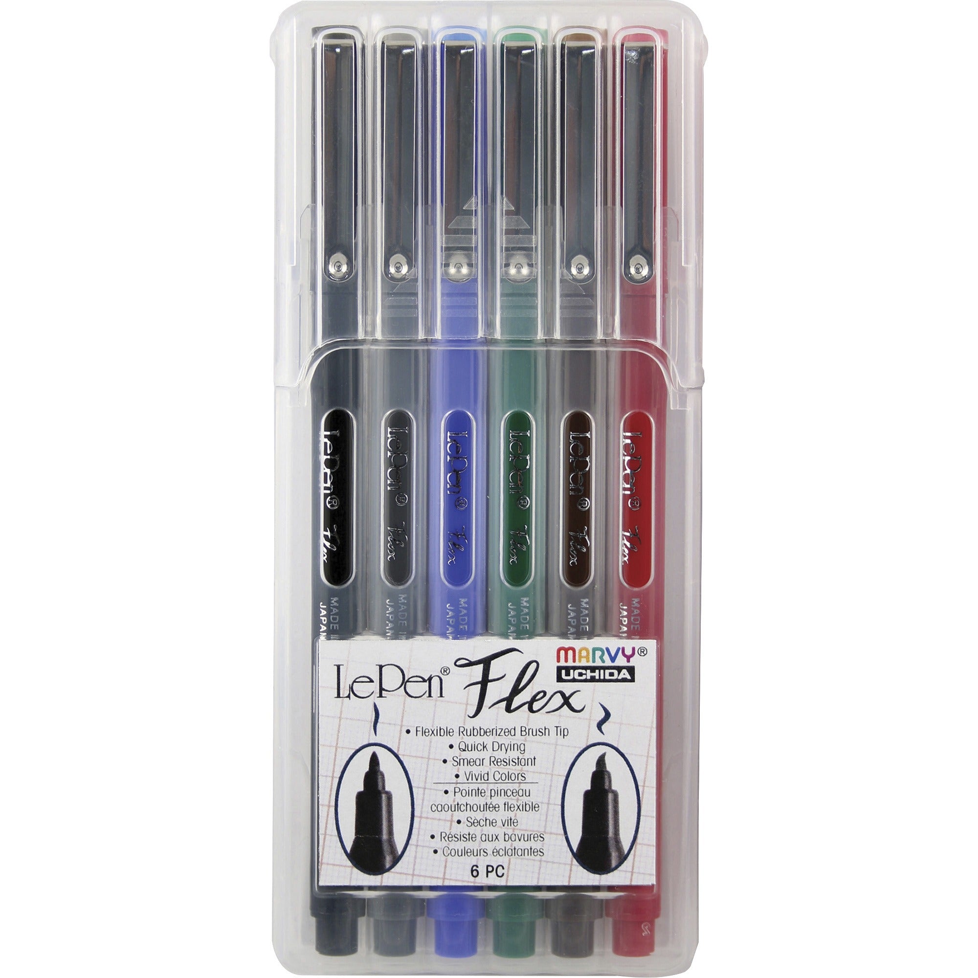 marvy-lepen-flex-brush-tip-pen-set-brush-pen-point-style-black-red-blue-green-brown-dark-gray-black-red-blue-green-brown-dark-gray-barrel-rubberized-tip-6-set_uch48006a - 1