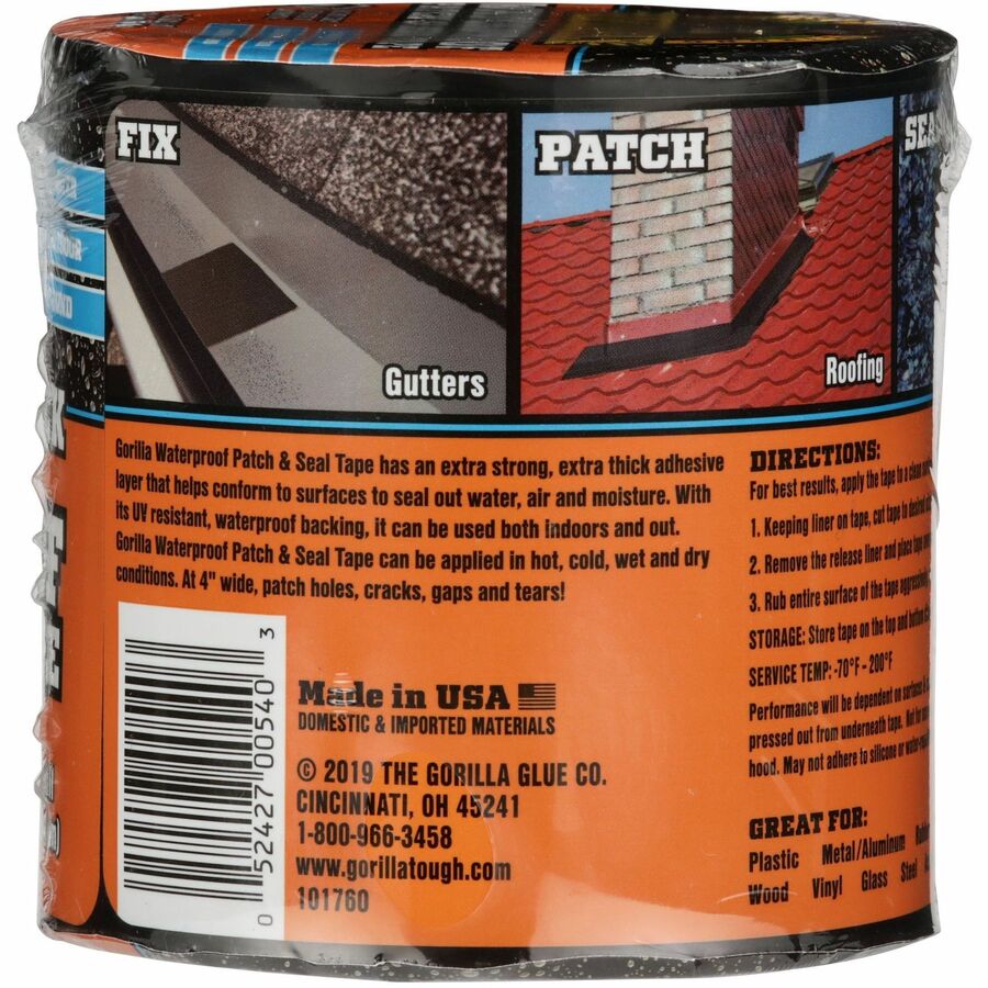 Gorilla Waterproof Patch & Seal Tape - 10 ft Length x 4" Width - 1 Each - Black