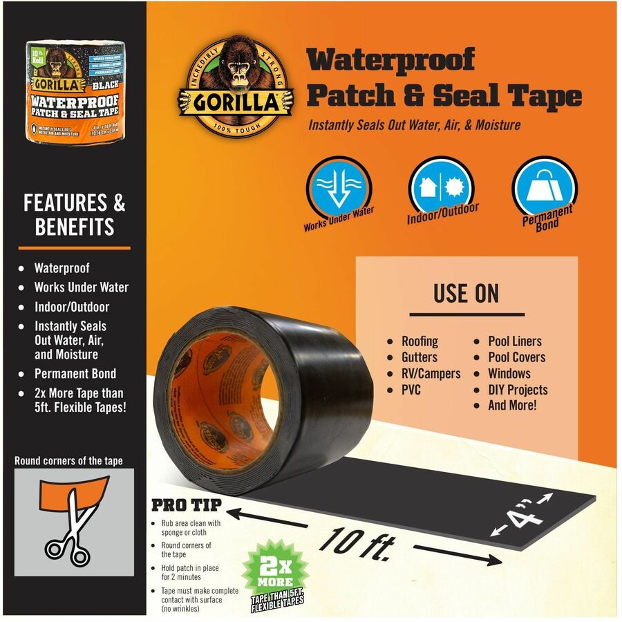 Gorilla Waterproof Patch & Seal Tape - 10 ft Length x 4" Width - 1 Each - Black